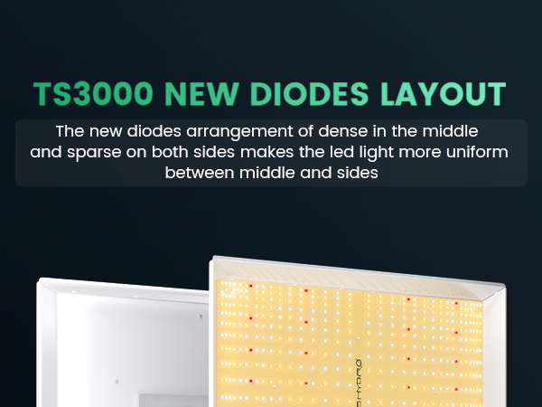 TS3000 NEW DIODES LAYOUTThe new diodes arrangement of dense in the middle and sparse on both sides makes the led light more unifor between middle and sides