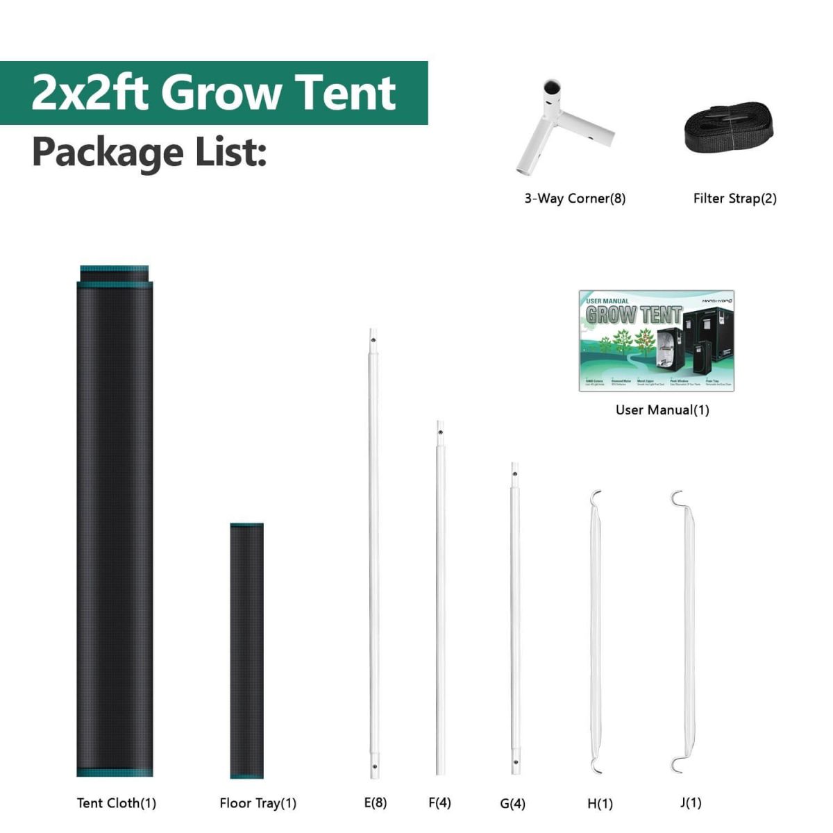 In tent package, you will receive user manual, corner, filter strap, cloth floor tray and the bars