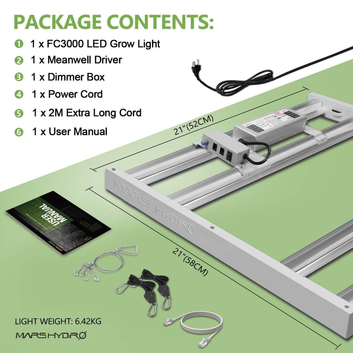 Inside the Mars Hydro FC3000 package, customers will get: 1xFC3000 led grow light, 1xlight driver, 1xdimmer box, 1xpower cord, 1xdimming cord, 1xtwo-meter long extension cord, 1xuser manual. The FC3000 dimensions are 580*520*81.5MM, and weighs 4.37kg.
