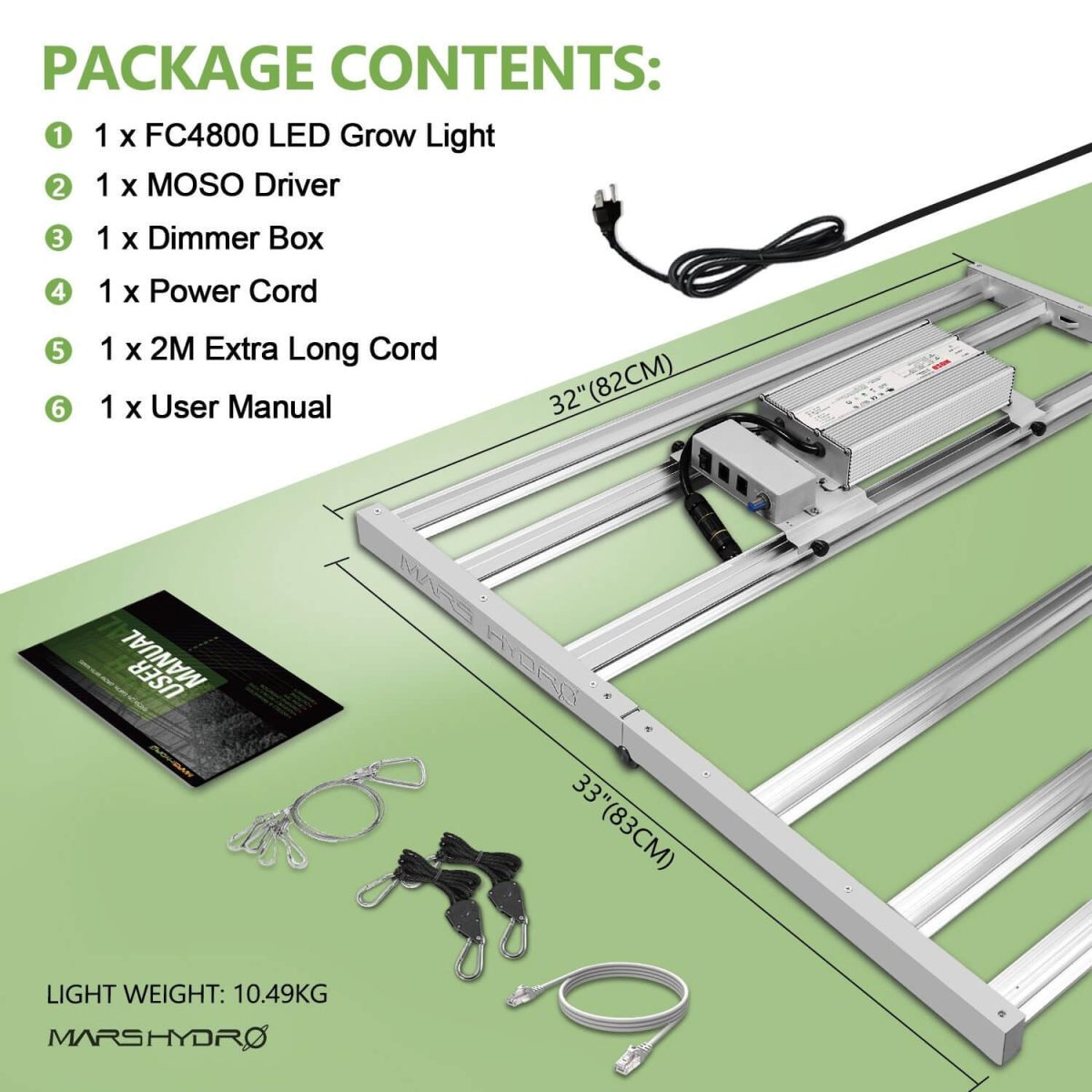 Package: a FC4800 LED grow light 1 driver with power cords, and 1 manual.