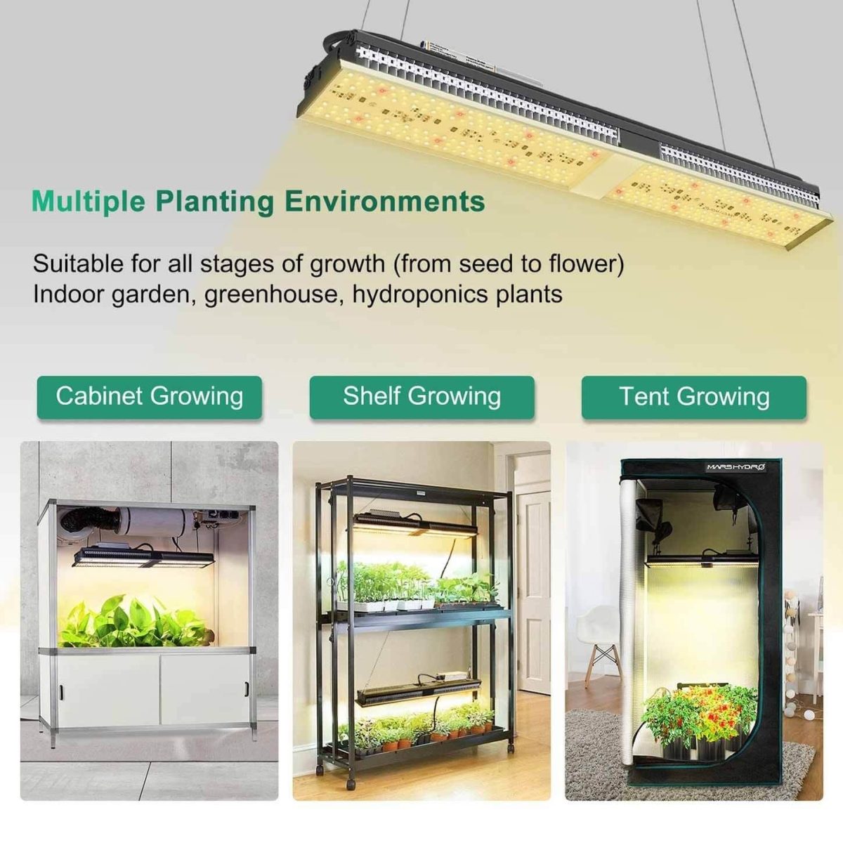 Multiple plantsing environments, sp150 led is suitable for all stages of growth, cabinet, shelf, tent growing