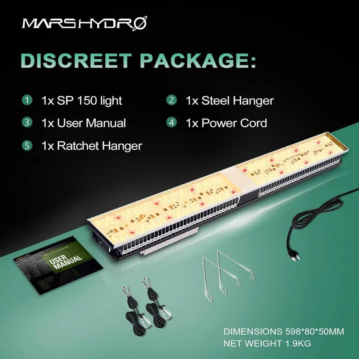 Discreet package includes sp150led, steel hanger, user manual, power cord and ratchet hanger