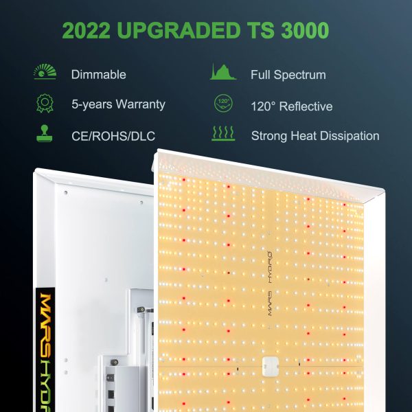 Front and back side of TS 3000, LED grow light TS 3000 is dimmable and full spectrum, with 5-year warranty