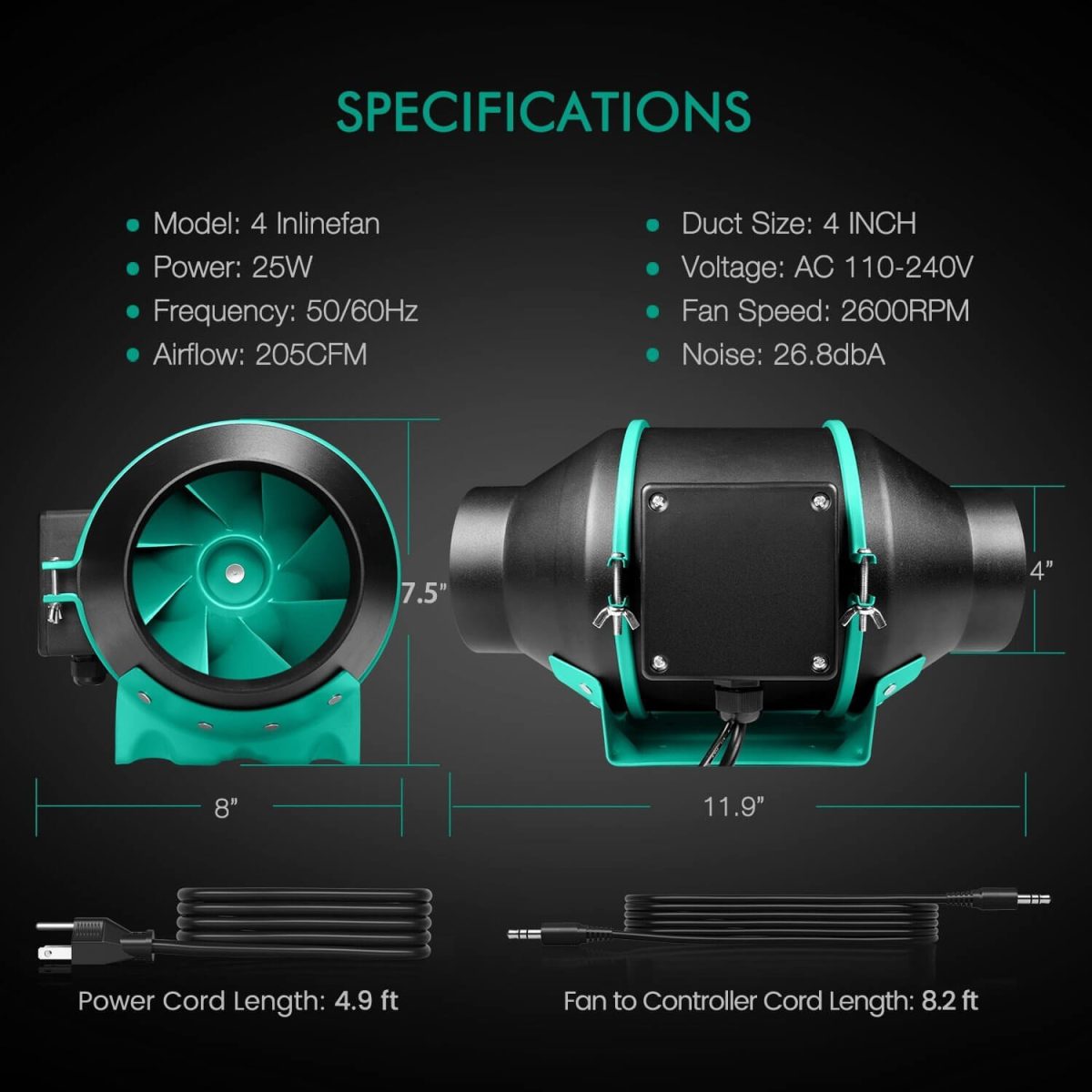 Specifications of 4inch inline fan, low noise 26DB very quite