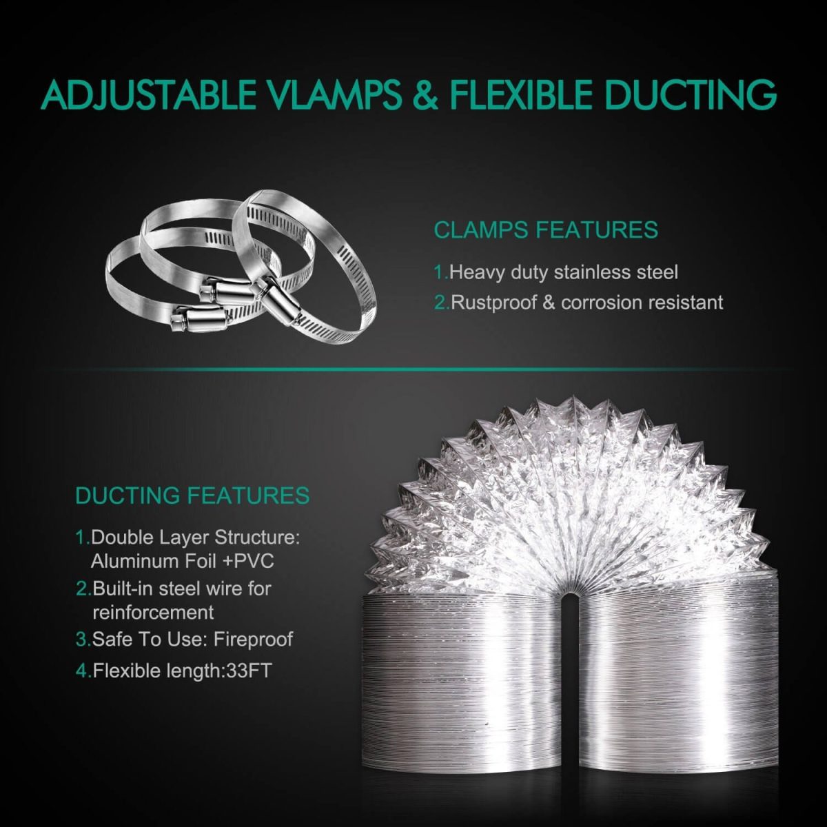 Adjustable vlamps & flecible ducting, double layer structure ducting, safe to use