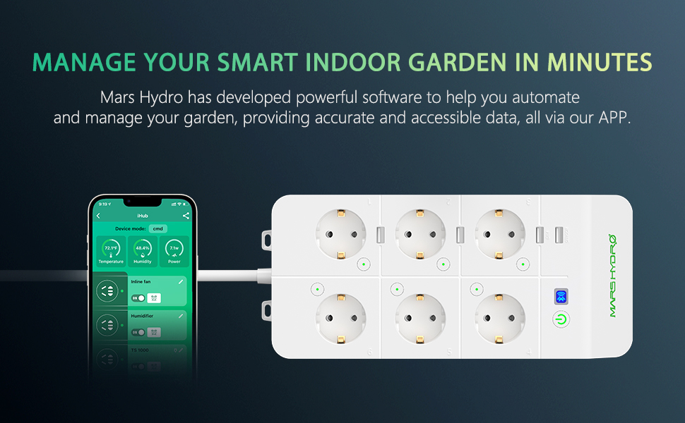 Mars Hydro iHub power strip works in unison with the Mars Hydro APP to help you automate and manage your indoor garden, providing accurate and accessible data, all via your smartphone.