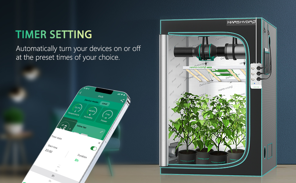 Mars Hydro iHub power strip works in unison with the Mars Hydro APP to help you automate and manage your indoor garden, providing accurate and accessible data, all via your smartphone.